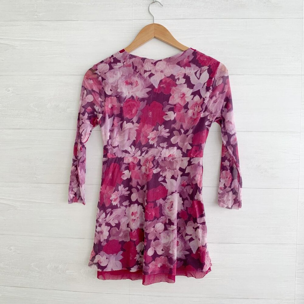Daisy & Clover - Pink purple floral crossover top nylon mesh tunic, M - Picture 4 of 5